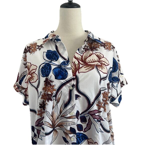 Talbots Shirtdress Womens 14 Cotton Poplin Midi Botanical Print Pockets Relaxed - Picture 3 of 11